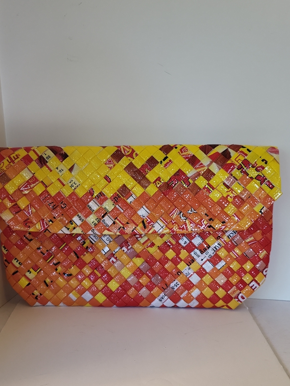 Eco-Friendly Woven Recycled Wrapper Clutch - Yellow Orange Red